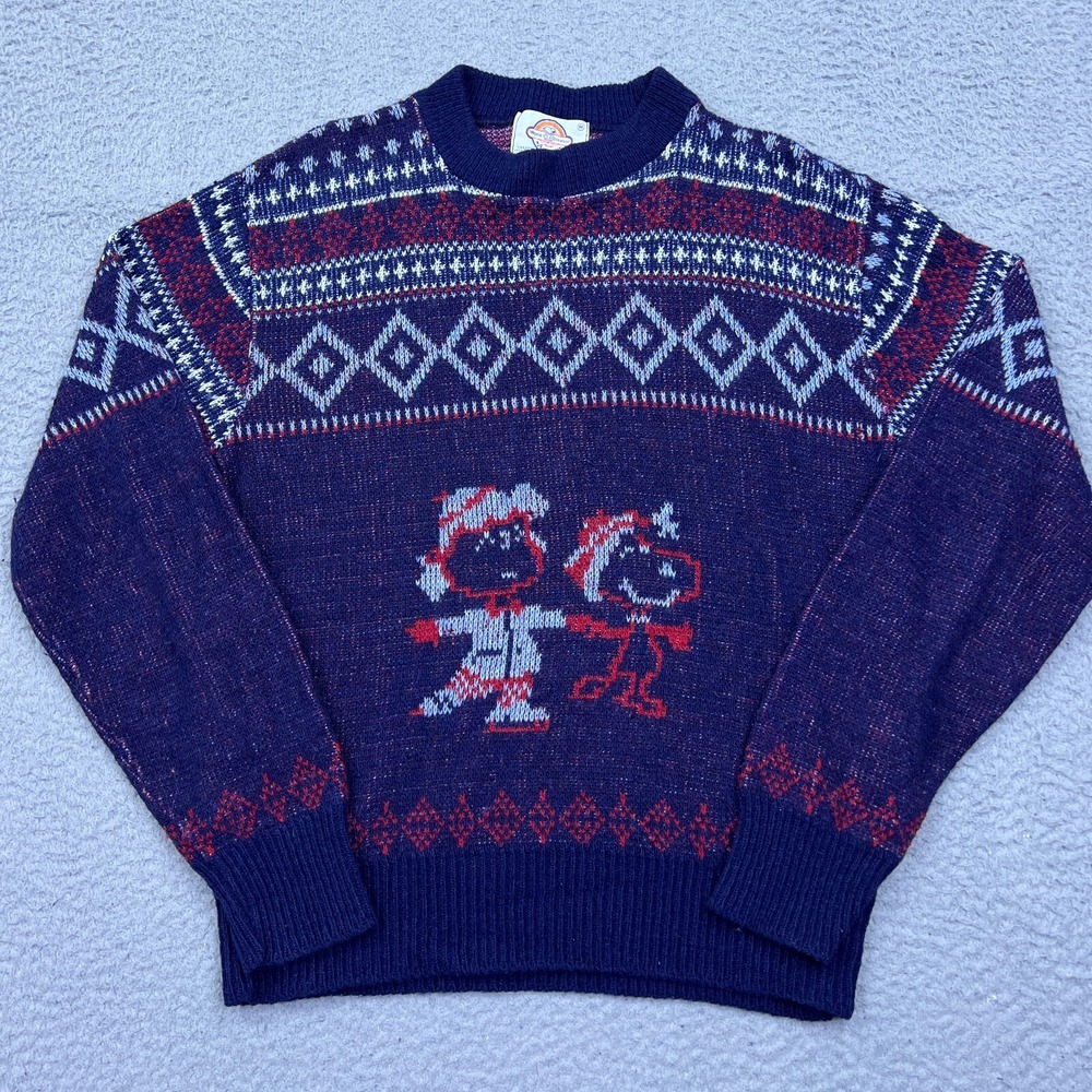 VTG 70s Arrow Worlds Greatest Snoopy &‎ Lucy Sweater Peanuts M Blue Winter Knit